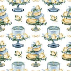 Luxury watercolor seamless pattern featuring multi-tiered wedding cakes and floral desserts. Hand-painted festive compositions with ivory roses, teal stands, and pearls for boutique bakery branding.