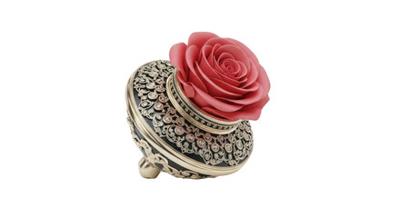 Naklejka premium Intricately Designed White Porcelain Heart Shaped Box With Pink Rose On Against Black Background, Png Isolated On White, Transparent Background