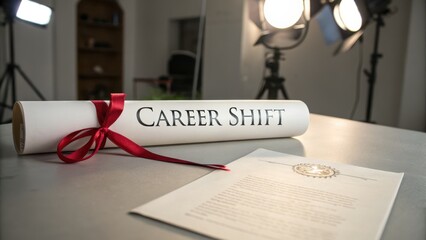 Career Shift Motivation Roll with Ribbon and Formal Letter on Table