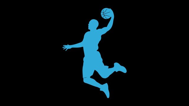 Striking Blue Silhouette of a Basketball Player Jumping with Ball for a Dynamic Slam Dunk