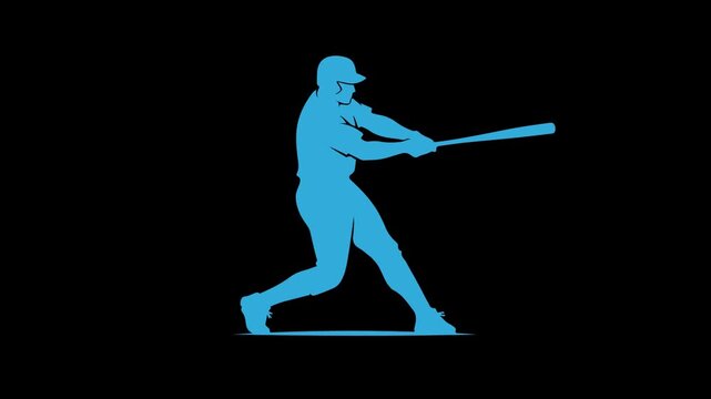 Blue Silhouette of Baseball Player Batter Swinging Bat with Power on a Dark Black Background