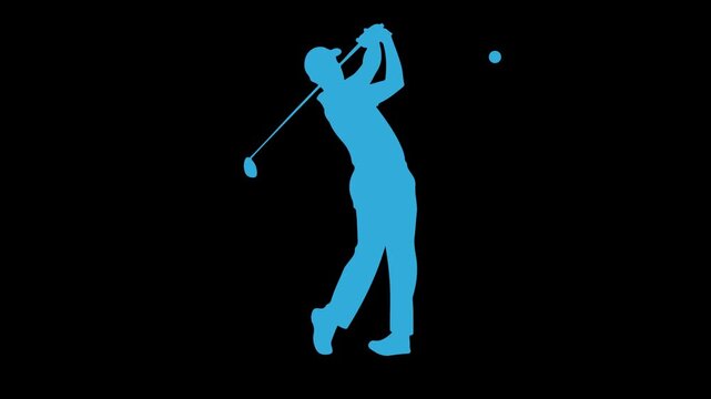 Dynamic Blue Golfer Silhouette Swinging Club with Ball on Black Background, Sporty Graphic Illustration