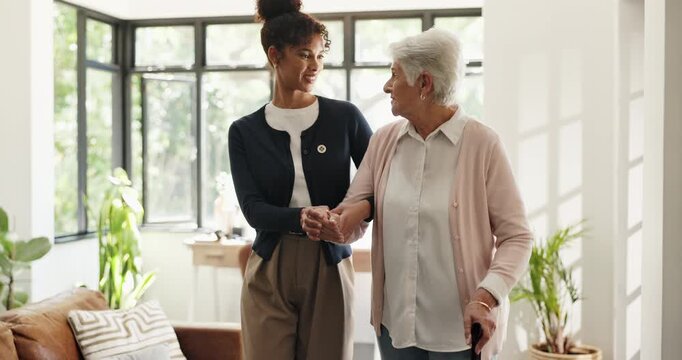 Walking stick, volunteer and senior woman in nursing home, mobility assistance and talking for retirement. Community service, chat and old person with disability in assisted living, support and cane