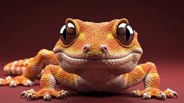 A vibrant orange gecko with large eyes and a wide smile sits on a red surface, viewed from the front.