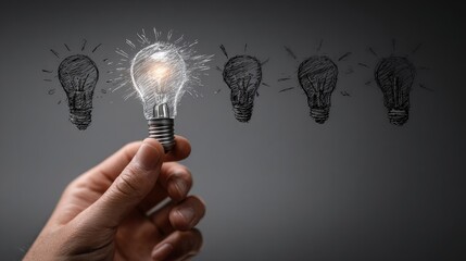Human hand holds illuminated glass bulb among several unlit sketch drawings against dark background