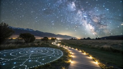 Serene Night Sky Over Glowing Pathway and Scenic Landscape View