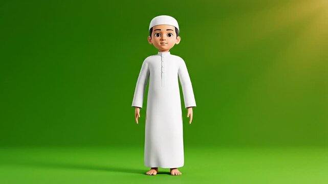 Cute 3D animated Muslim boy in white thobe standing smiling on vibrant green screen with warm studio lighting.