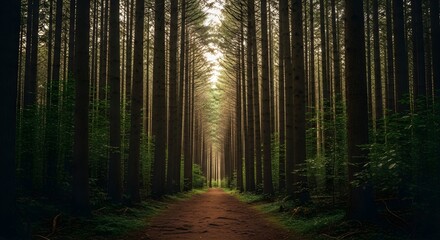 Obraz premium A serene forest path with tall trees and sunlight filtering through the canopy