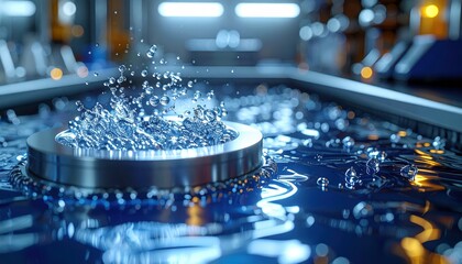Water Splash in Circular Metal Tank with Reflections and Bokeh Lights