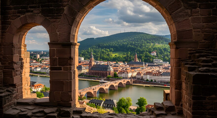 Naklejka premium Historic European city skyline with ancient stone arches in the foreground river and green hills in the background scenic travel destination