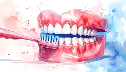 Obraz premium A stylized illustration features a set of white teeth within pink gums, being cleaned with a pink toothbrush against a watercolor background