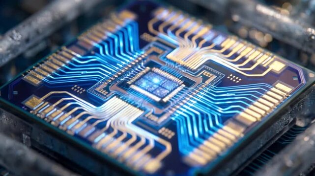 A close-up view of a quantum computing processor, with illuminated circuits glistening due to moisture