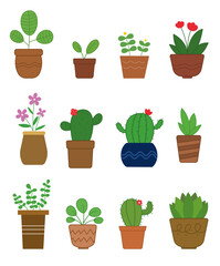 a collection of illustrations with flowers and cacti in pots