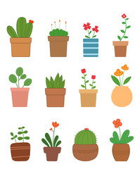 a collection of illustrations with flowers and cacti in pots