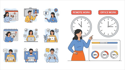 Fototapeta premium Vector set of hybrid work scenarios showing professionals with adaptable schedules working from the office