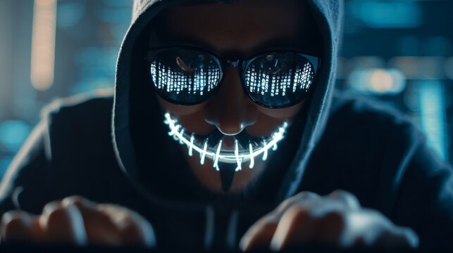 A male hacker with a glowing mask, focused on his laptop in a high-tech, digital atmosphere.