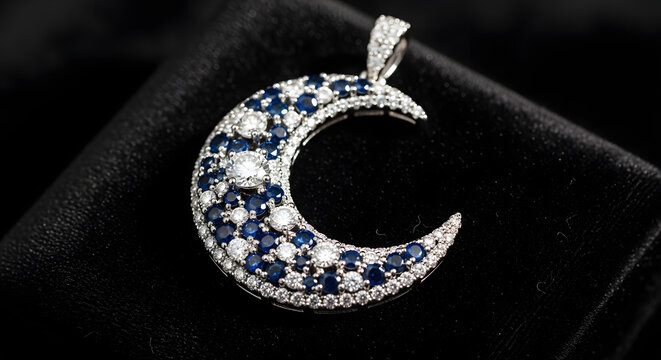 Luxury Crescent Moon Brooch with Blue and White Stones