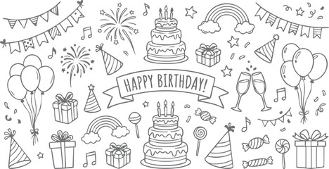 Fototapeta premium Happy birthday doodle collection with cakes balloons fireworks and decorations for party celebration