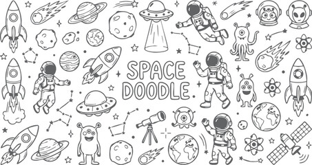 Space doodle seamless pattern, hand drawn cosmic elements with astronauts and rockets © TosherAsh