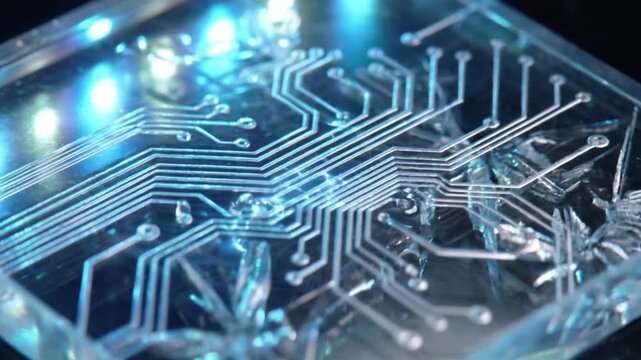 A macro, slow cinematic shot reveals ultra-detailed smart nanotech circuits embedded in a transparent surface