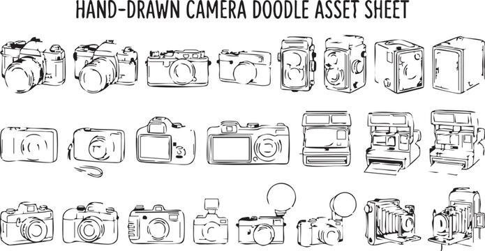 Hand drawn camera doodle asset sheet featuring various vintage and modern photography devices