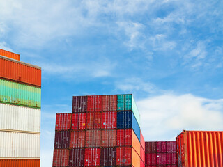 Fototapeta premium Cargo ship container goods export import international transport on blue sky background, warehouse industry business logistics transportation harbor port industrial shipping terminal cargo ship.