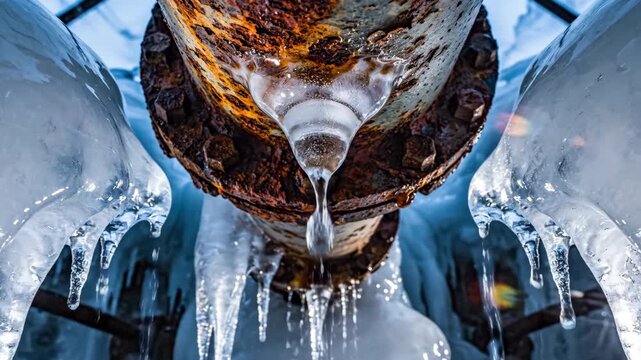 Dripping icy pipe with frost, low angle symmetry
