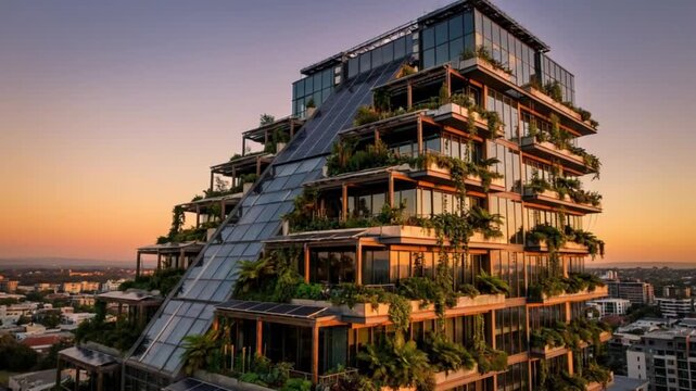 A majestic vertical farming skyscraper adorned with vibrant greenery stands against a breathtaking sunset