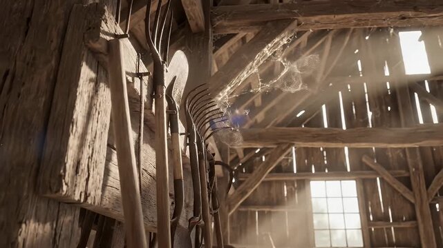 Rustic barn interior illuminated by sunlight, highlighting old farm tools hanging on weathered wooden walls, with dust motes dancing, evoking rural history