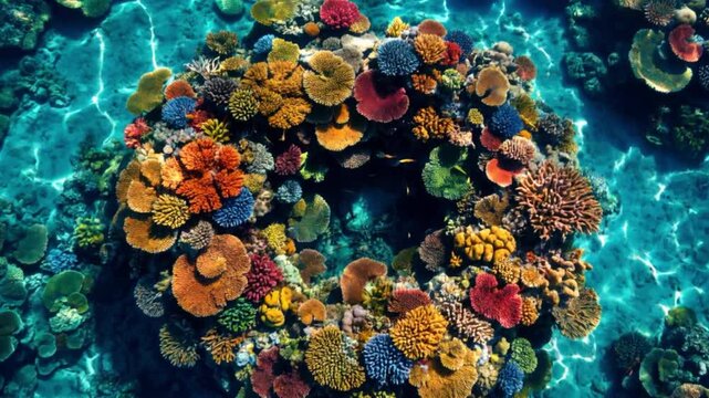 A mesmerizing top-down view showcases vibrant coral formations, revealing an intricate tapestry of symmetrical natural patterns