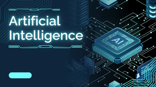 Isometric AI Processor Unit on Circuit Board with Digital Data Motion Background