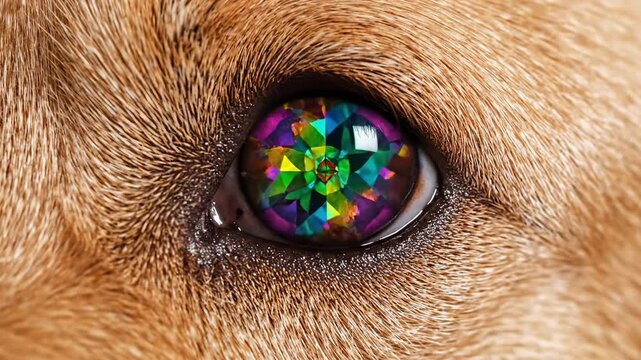 Close-up of a dog's eye with a colorful reflection.
