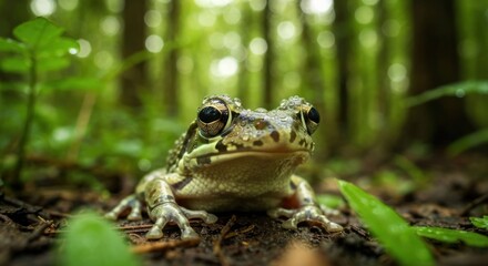 Fototapeta premium Frog on forest floor, dappled light, green bokeh