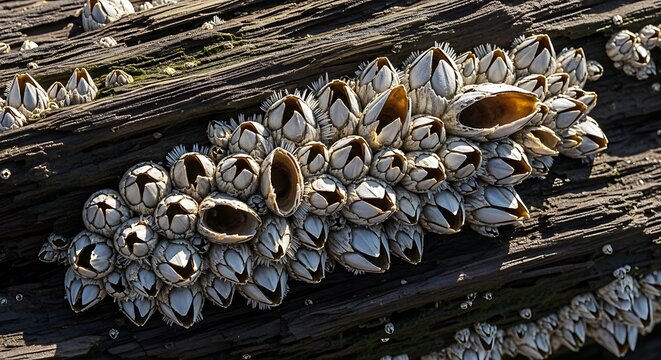 Cluster of goose barnacles attached to weathered wood surface