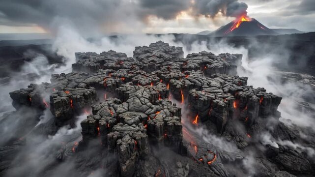 A symmetrical fractal stone pattern emerges from the volcanic ash, glowing with streams of molten lava. As smoke billows and wisps drift across the scene