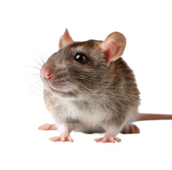 Small brown and white rat stands on a plain transparent background. Its dark eyes are keen, and a pink nose with prominent whiskers adds detail.