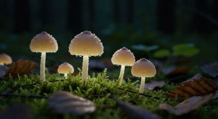 Fototapeta premium Glowing mushrooms on moss against dark backdrop