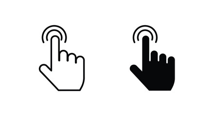 Two distinct icon representations of a hand finger tapping or clicking gesture shown side by side in outline and solid black styles
