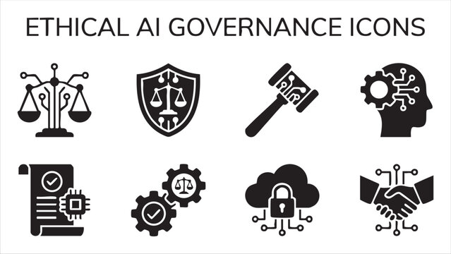 Ethical ai governance concept icons set with scales gavel brain and handshake