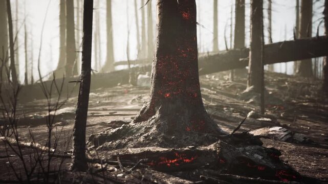 A desolate forest area shows blackened tree trunks and scorched earth. Remnants of fire linger as fallen logs lay scattered among the ash and debris. Nature struggles to reclaim its ground.