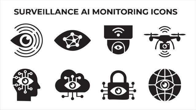 Surveillance ai monitoring icons set with eye camera drone and cloud network