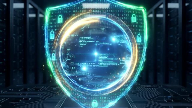 A vibrant shield-shaped energy field pulsates, encasing a glowing data sphere in a high-tech server room. Sparks of energy arc and glow as binary code flows dynamically around the shield