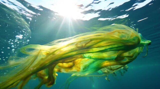A vibrant algae bloom swirls gracefully in deep blue water, with intricate patterns of bright green and yellow illuminated by sunlight filtering through the surface