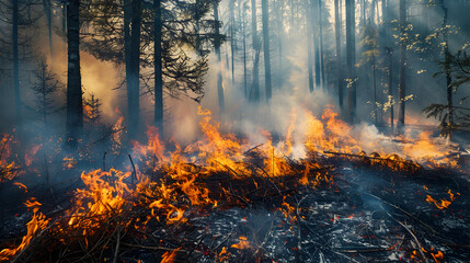Intense forest fire consuming undergrowth in dense woodland scenery