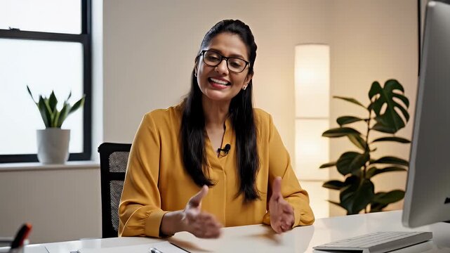 A person sitting at a desk, talking and gesturing with hands, with a computer and plants in the background