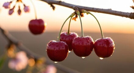 Red cherries hang, beaded with water droplets