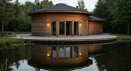 Round house reflected in water