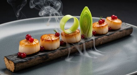Seared scallops with berries and leek on wood