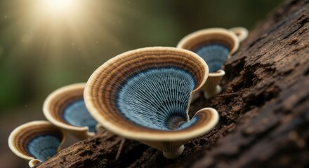 Shelf fungi grow on a log in dappled sunlight
