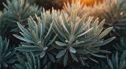 Silver-leaved plants catching warm, setting sunlight
